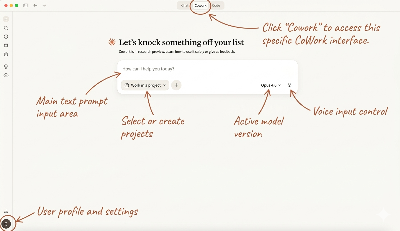 The CoWork home screen