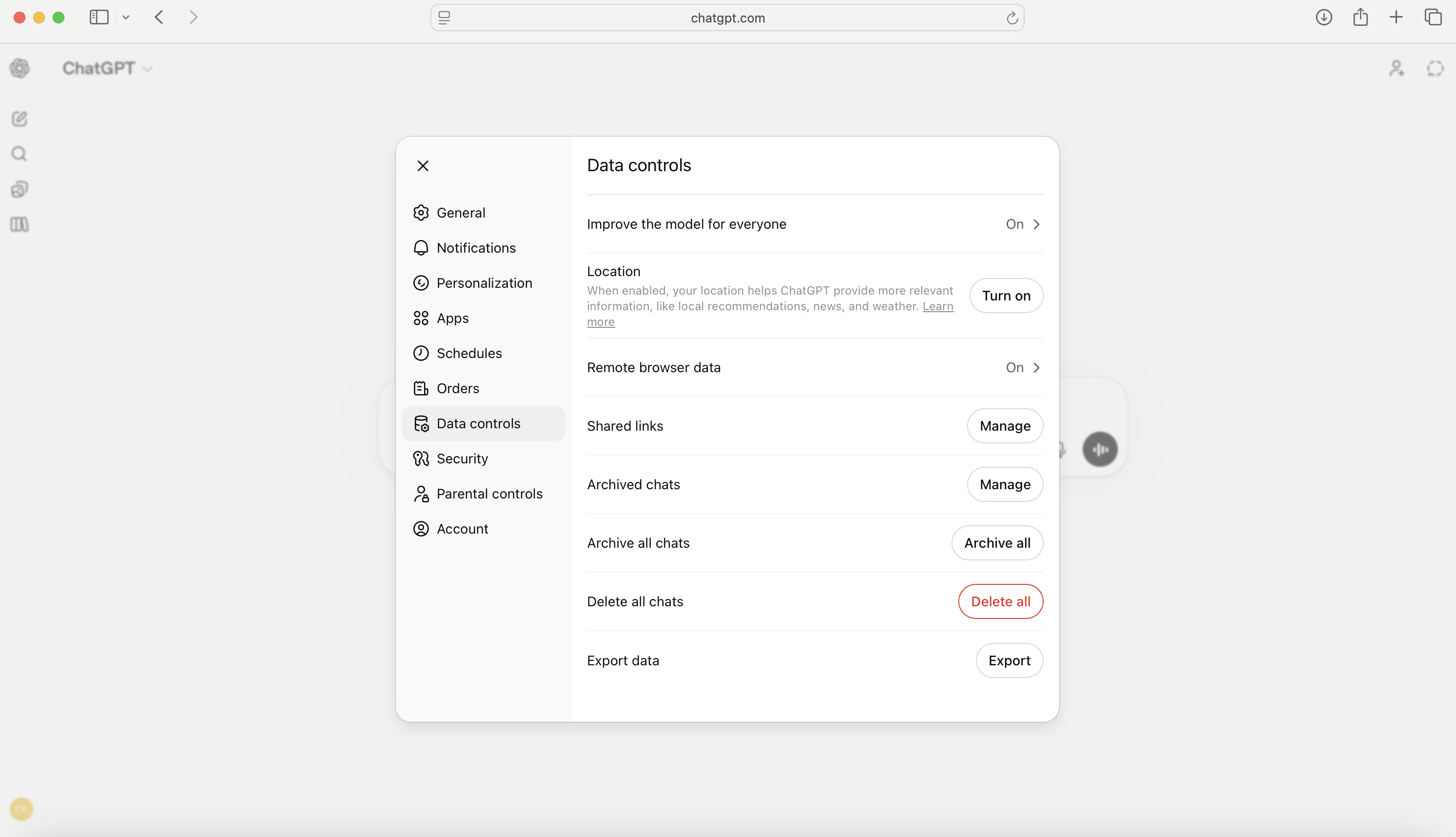 ChatGPT Settings, Data controls page with Export data button