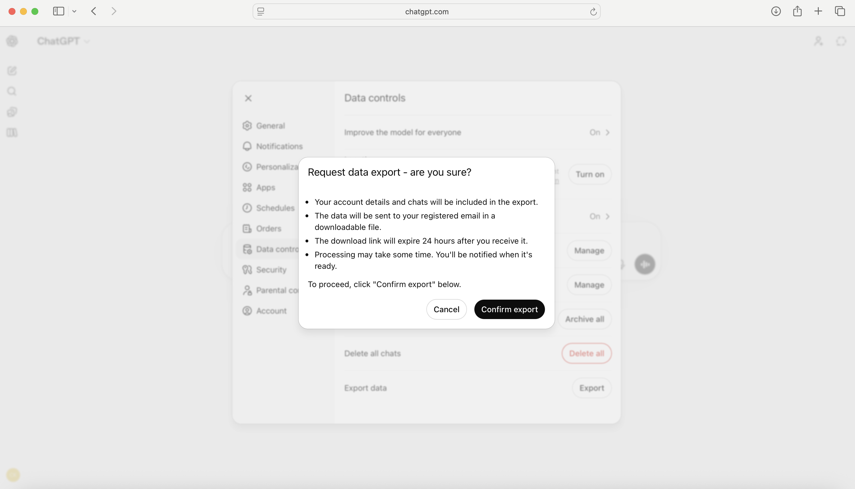ChatGPT Confirm export dialog