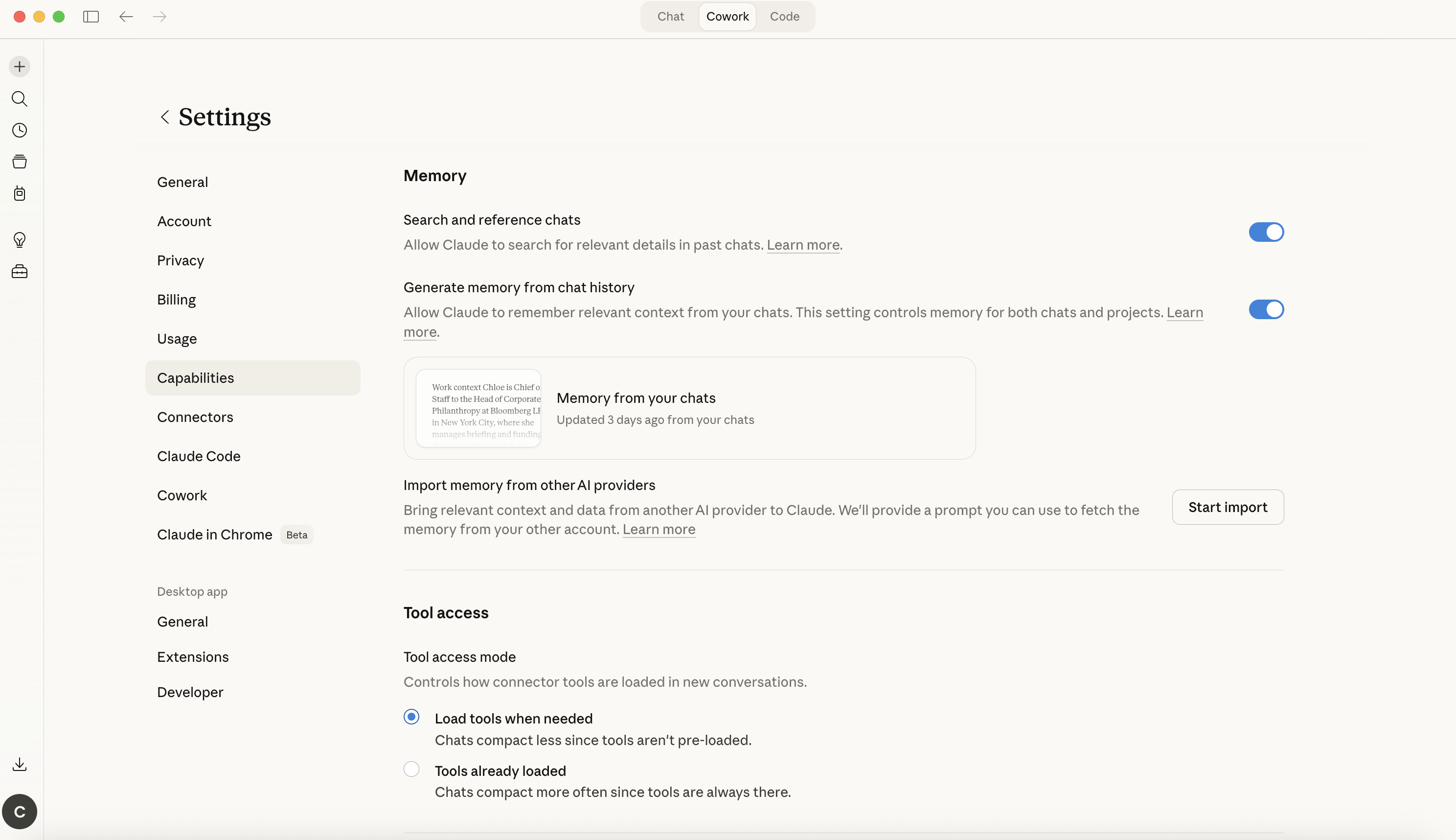 Claude Settings, Capabilities, Memory section with Import memory from other AI providers