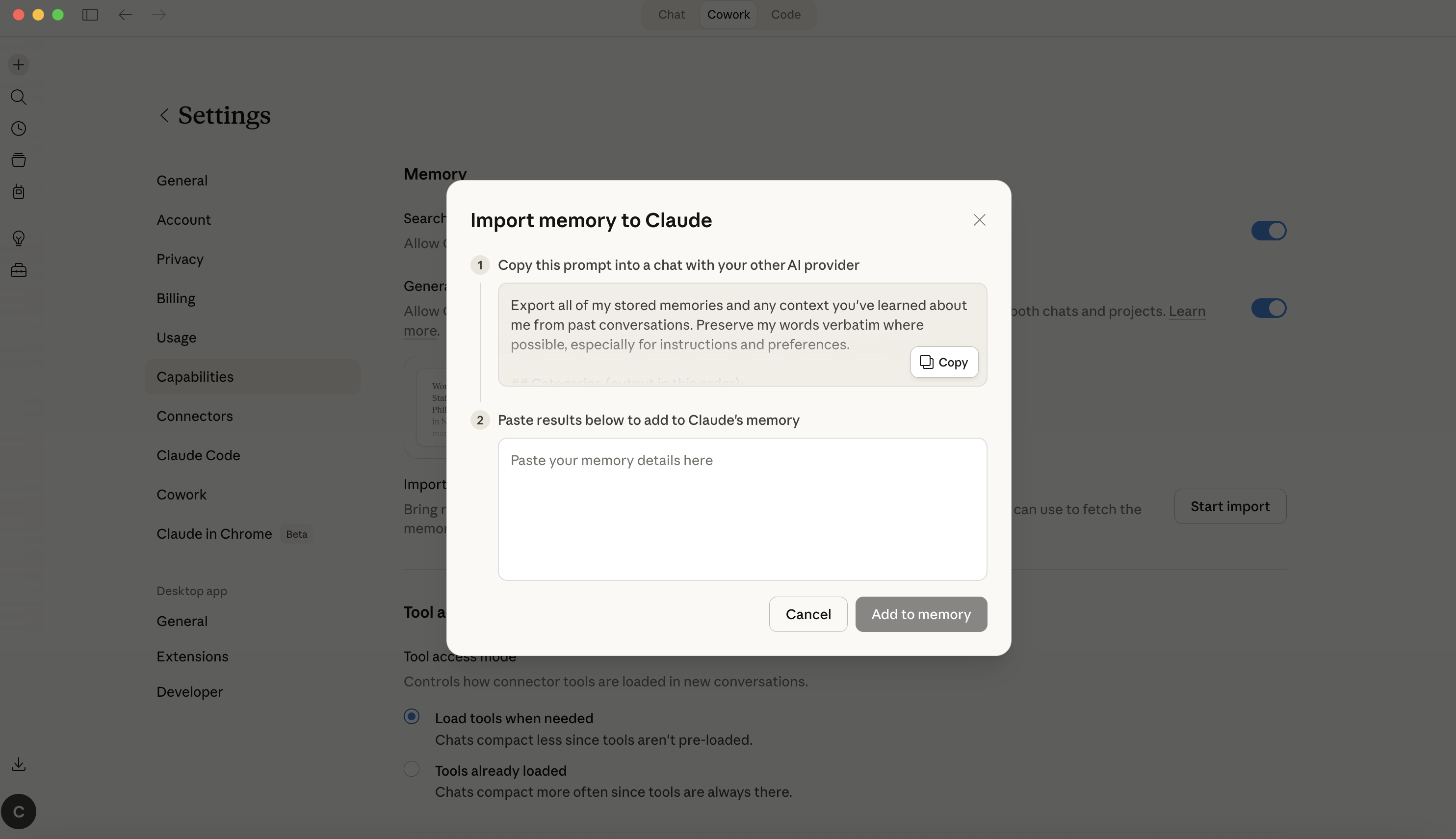 Claude Import memory dialog with paste box and Add to memory button